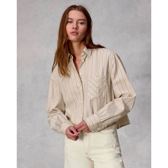 RAG & BONE Maxine Cropped Shirt Top Khaki Multi Stripe Buttondown X-Small - Picture 1 of 14